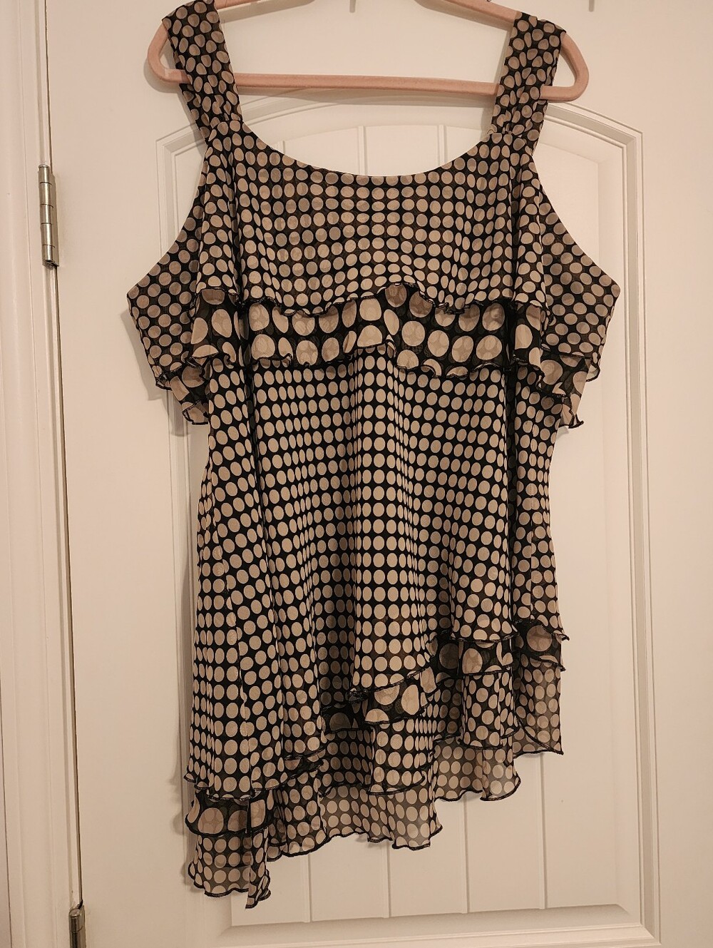 NYC Design Co Polka Dot Ruffled Asymetrical Hem Black Taupe Tank Top 3X Vacation